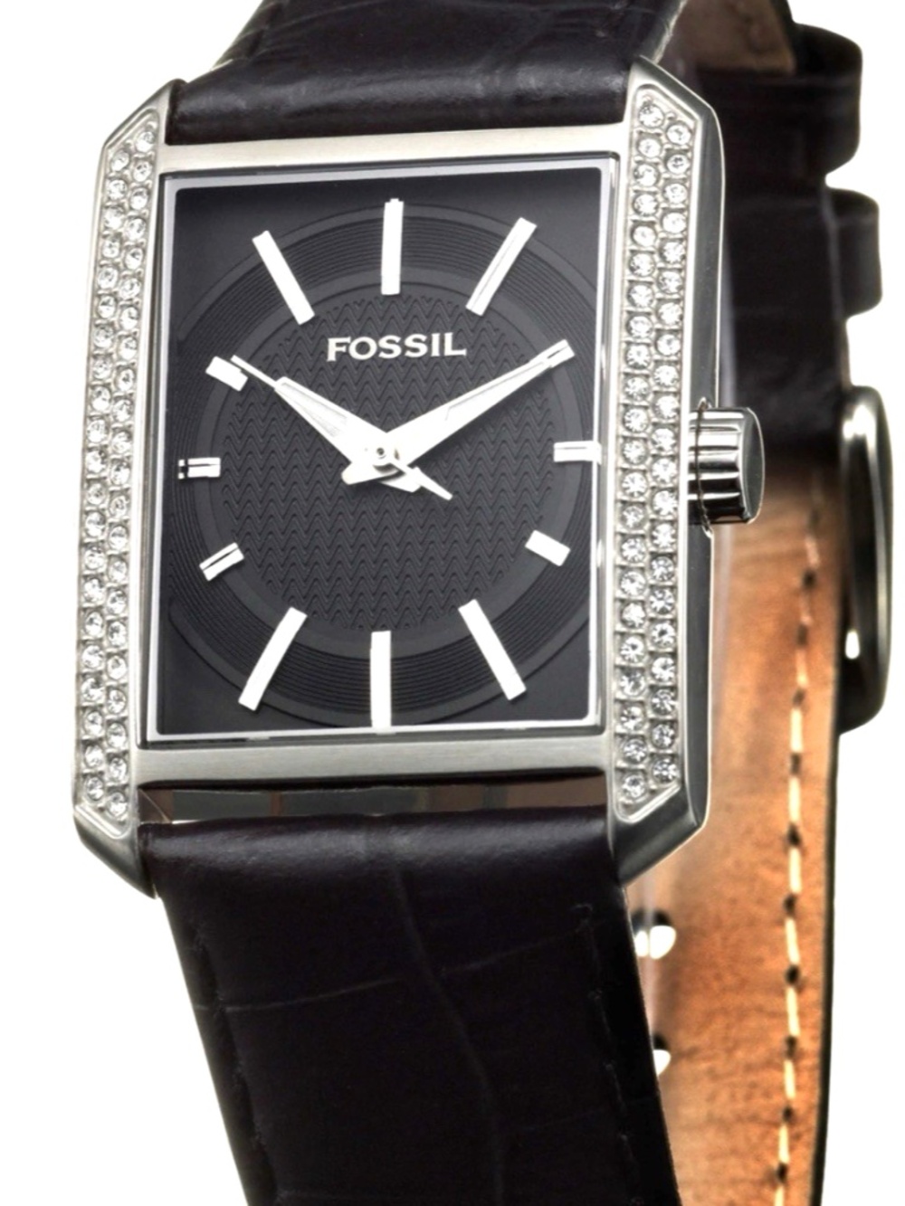 Women's Fossil Black Leather Embossed Alligator Strap Crystals Needs Battery